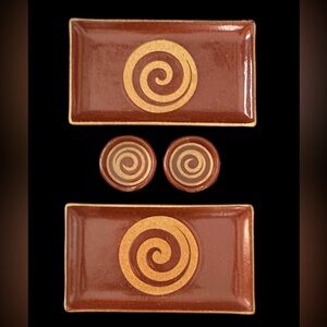 Vintage MCI Japan Stoneware Appetizer Tray Set Brown Tan Spiral Mid-Century